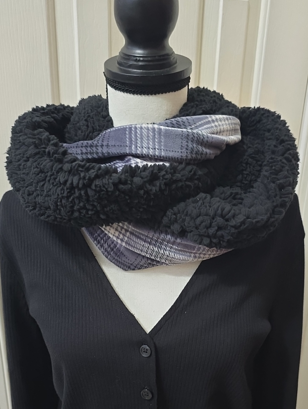 Cuddl Duds Brand Women's Black Sherpa Infinity Scarf with Gray Plaid Accent